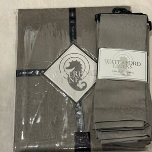 Waterford Linens Tablecloth & 6 Napkins Set Platinum Sarah 70x84 Oblong Damask